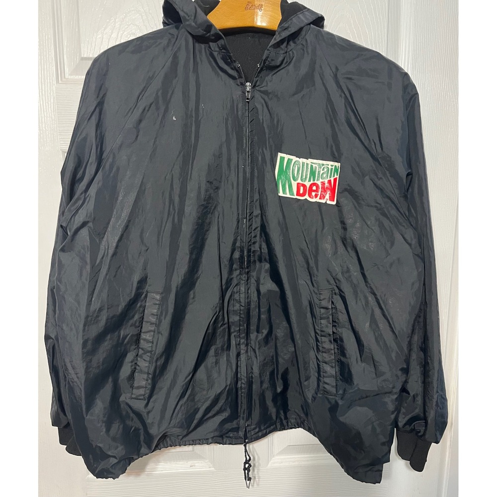 Vintage Mountain Dew Jacket Black Hooded Windbreaker Retro Style Mens XL READ